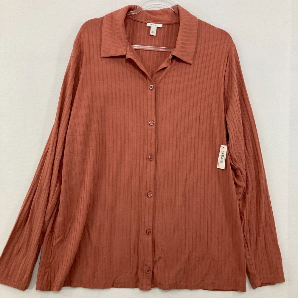 New Daily Ritual size XXL Rusty Orange Soft Stretch Rib Knit Relaxed‎ Button Up